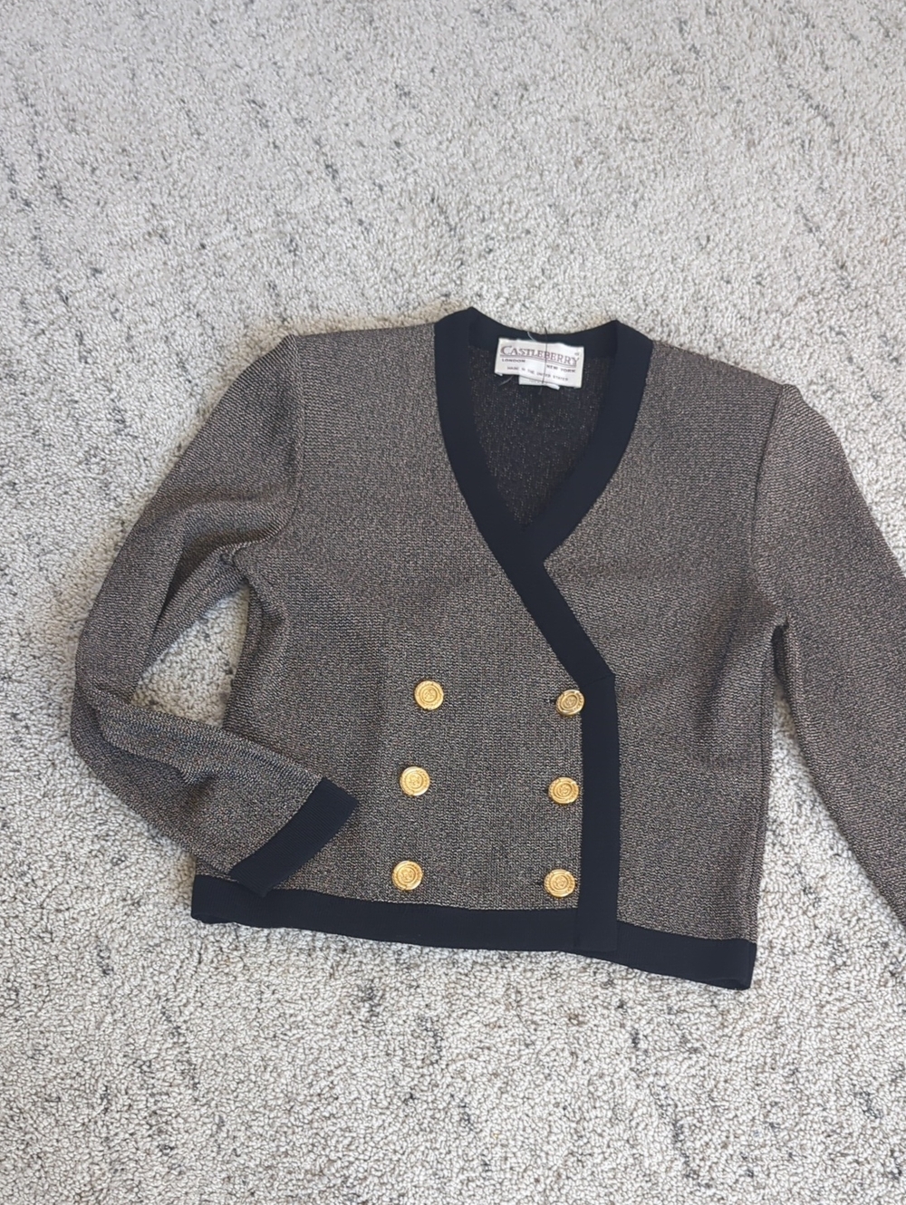 CASTILLEERO Gold-Button Brown Textured V-Neck Sweater Jacket